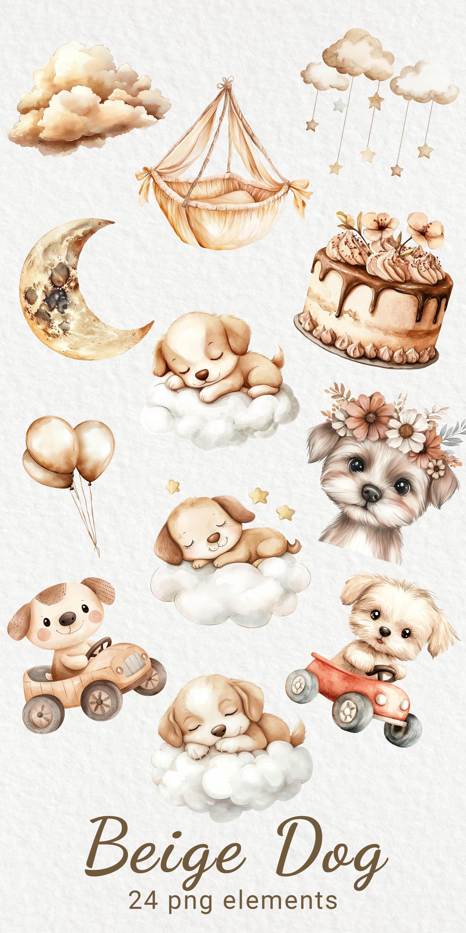 Dog Nursery Watercolor Clipart - 24 PNG Cute Fairy Puppy Decor in Beige ...