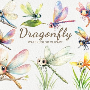 Dragonfly Watercolor Clipart - 24 PNG Cute Insects clip art, Dragonfly clipart bundle, scrapbooking, junk journal, Instant Digital Download