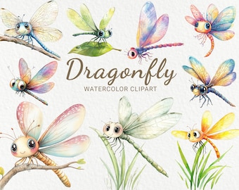 Dragonfly Watercolor Clipart - 24 PNG Cute Insects clip art, Dragonfly clipart bundle, scrapbooking, junk journal, Instant Digital Download