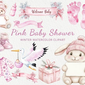 Rosa Winter-Babyparty-Aquarell Clipart - 24 PNG niedliche Kinderzimmer-Dekor, Willkommensbaby, Babyparty, sofortiger digitaler Download