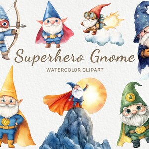 Superhero Gnome Clipart - Ilustração de Gnomo em Quadrinhos em Aquarela 24 PNG, Decoração de Berçário para Imprimir, Chá de Bebê, Sublimação, Download Digital