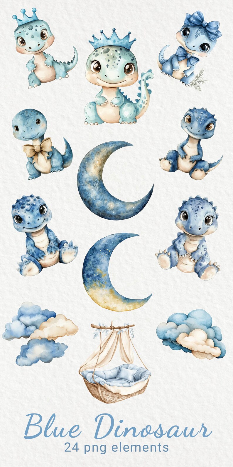Blue Dinosaur Watercolor Clipart - 24 PNG Cute Fairy Сreature Decor ...