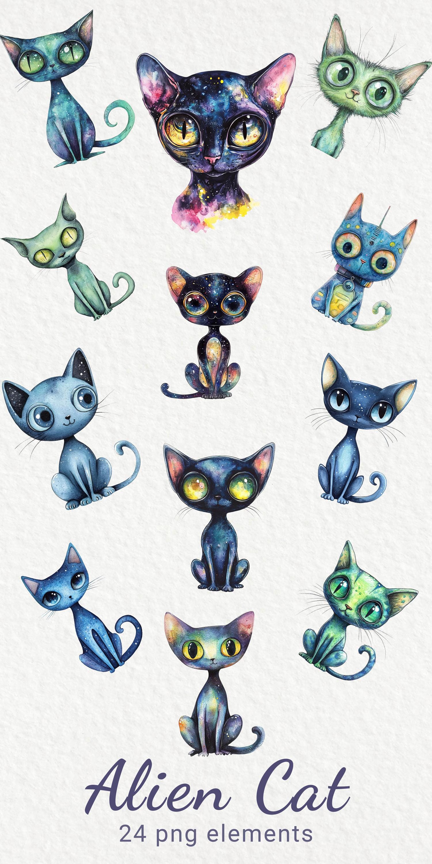 Alien Cat Clipart - 24 PNG Watercolor Whimsical Cat, Fantastic Cat ...