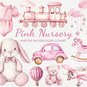 Clipart acquerello per cameretta invernale rosa - 24 PNG Decorazione carina per cameretta per neonati, illustrazione di neonato rosa, festa per bambine, download digitale istantaneo