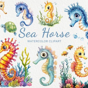 Seepferdchen Aquarell Clipart - 24 PNG süße Seepferdchen Clip Art, marine, ozeanisch Thema Dekor, Scrapbooking, Junk Journal, digitaler Download