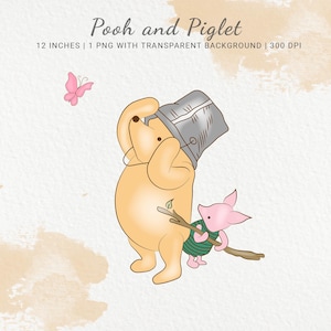Pooh and Piglet fight with a butterfly, Baby Shower Clipart, Nursery PNG Clipart, Birthday Decor, Baby Party, Invitation, Digital Download