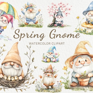 Gnomo de flores de primavera - Gnomo de temporada en acuarela (24 PNG), decoración imprimible para guardería, baby shower, sublimación, descarga digital