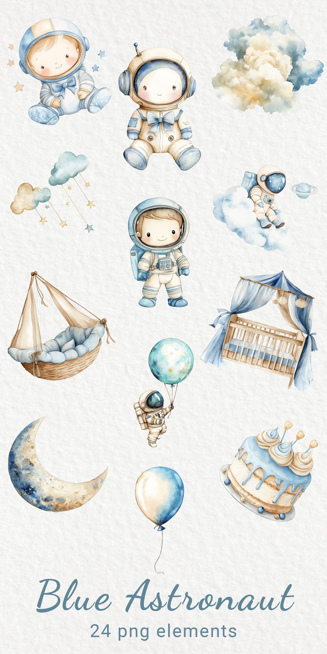 Blue Astronaut Watercolor Clipart - 24 PNG Cute Space Decor, Nursery ...