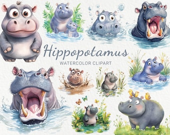 Hippo Clipart - 24 PNG Watercolor Baby Hippopotamus clip art, Funny Safari Animals, Baby Shower decor, Nursery decor, Digital Download