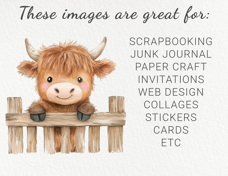 May include: A watercolor illustration of a brown Highland cow with a white face peeking over a wooden fence. The text "These images are great for: Scrapbooking, Junk Journal, Paper Craft, Invitations, Web Design, Collages, Stickers, Cards, ETC" is written in black text on a white background.