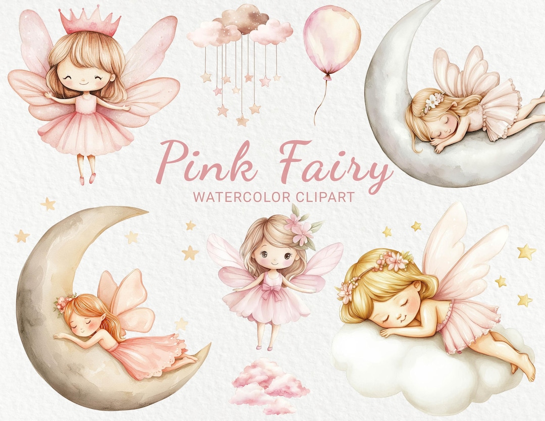 Pink Fairy Watercolor Clipart – Baby Shower, Nursery Decor (digital ...