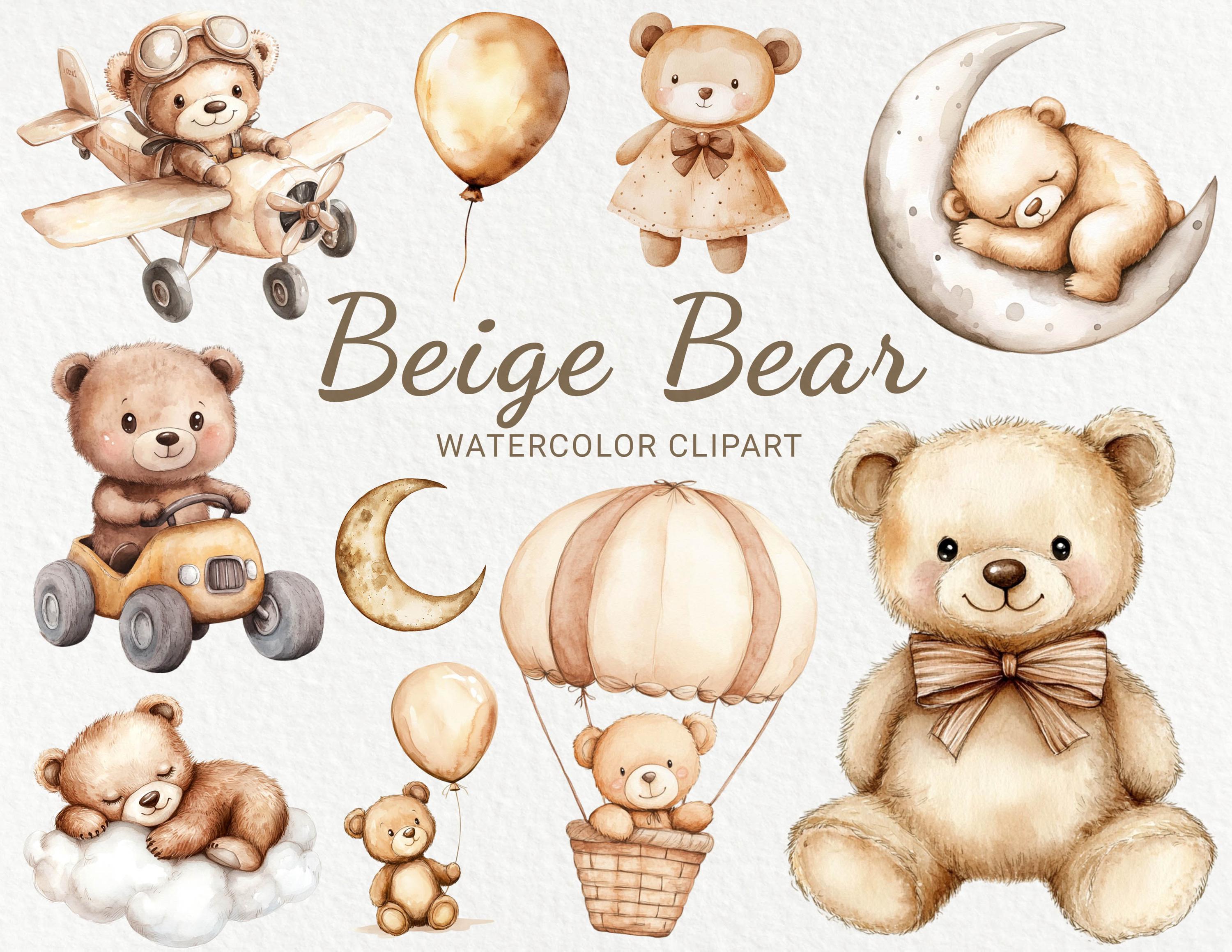 Bear Nursery Watercolor Clipart - 24 PNG Cute Animals in Beige & Brown ...