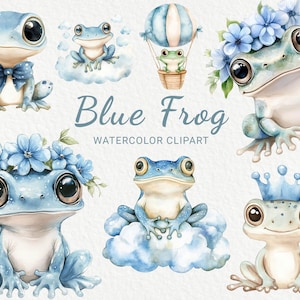 Clipart acquerello vivaio rana blu - 24 PNG Rana carina in una corona, decorazioni animali, baby shower, festa per bambini, fai da te, download digitale istantaneo