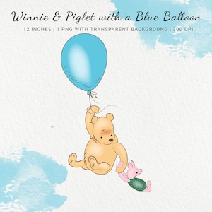 Nursery Winnie the Pooh and Piglet Flying on a Blue Balloon, Classic Winnie Pooh, Baby Shower Clipart, Birthday Decor, Baby Party Invitation