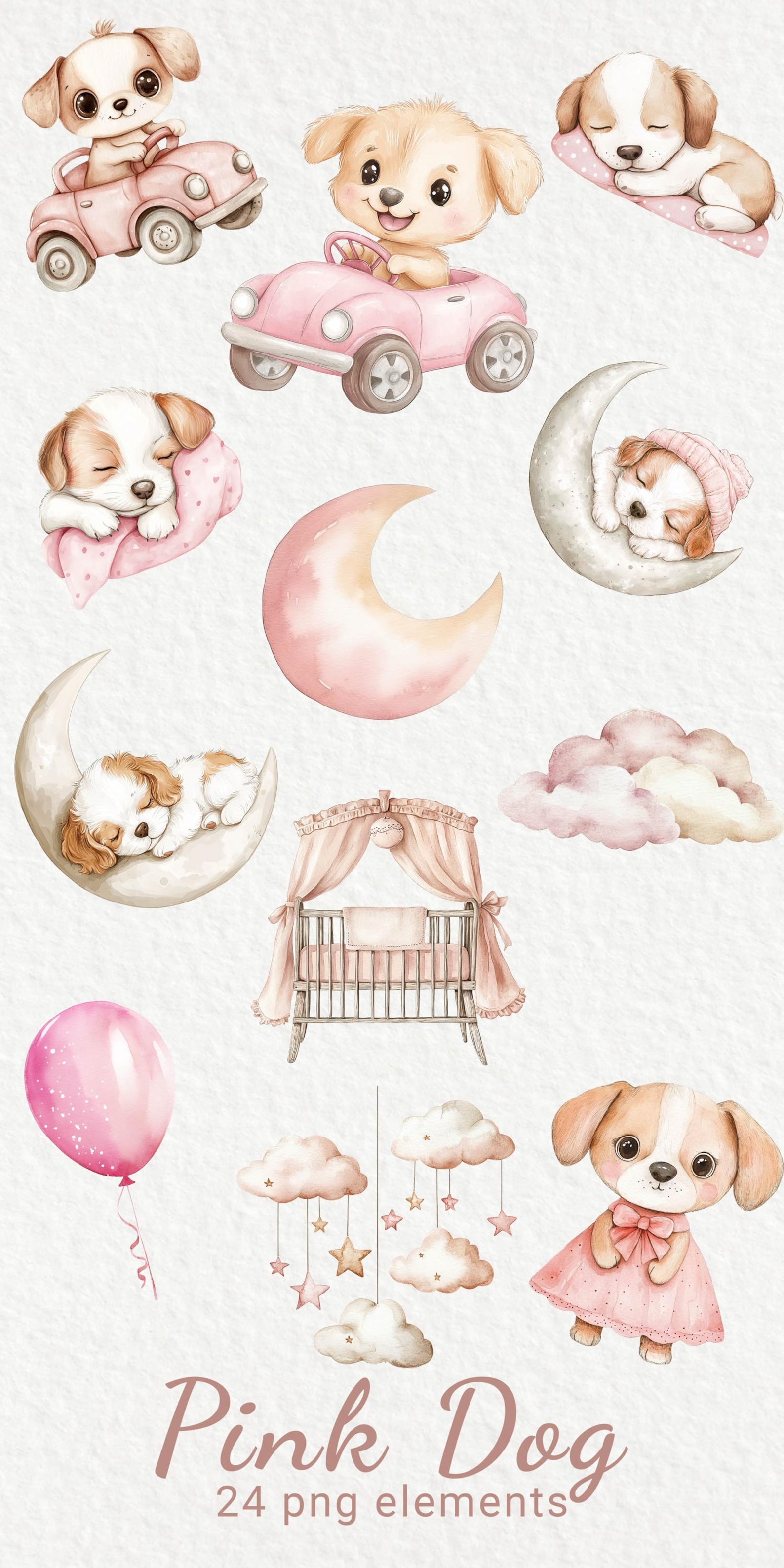 Pink Dog Nursery Watercolor Clipart - 24 PNG Cute Fairy Animals Decor ...