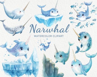 Narwhal Clipart - 24 PNG Watercolor Baby Narwhal clip art, Funny Sea Unicorn, Baby Shower decor, Nursery decor, Digital Download