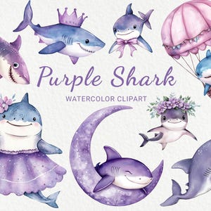 Lila Hai Aquarell Clipart - 24 PNG niedliche Wasserkreatur, Kinderzimmer, Leben im Meer, Raumdekor, Babyparty, Babyparty, digitaler Download