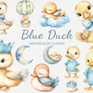 Clipart acquerello vivaio anatra blu - 24 PNG anatra carina, decorazioni per uccelli, baby shower, festa per bambini, anatra da fattoria per bambini, download digitale istantaneo