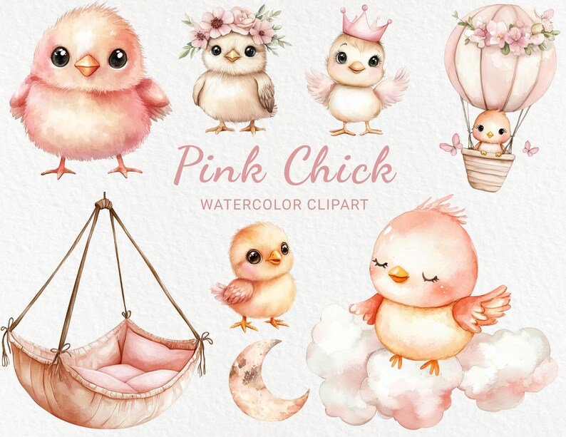 Pink Chick Watercolor Clipart - 24 PNG Cute Rose Birds Decor, Baby ...