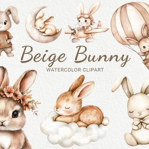 Clipart de aquarela para berçário de coelho - 24 animais fofos PNG em bege e marrom, coelho, lebre, decoração de chá de bebê, festa de bebê, download digital