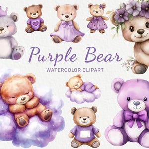 Clipart de acuarela de osito de peluche morado para guardería - 24 animales lindos PNG, baby shower, decoración de fiesta de bebé, osito, descarga digital instantánea