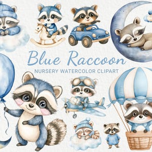 Guaxinim Azul Aquarela Clipart - 24 PNG Berçário Guaxinim Bonito, Decoração de Animais da Floresta, Chá de Bebê, Festa de Bebê, Download Digital Instantâneo
