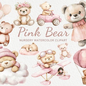 Clipart de acuarela de guardería de oso rosa - 24 PNG de animales de hadas lindos para decoración, baby shower, fiesta de bebé, osito, descarga digital instantánea