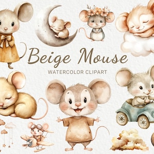 Clipart aquarelle de chambre d'enfant de souris - 24 PNG fées mignonnes déco en beige et marron, baby shower, fête de bébé, petite souris, téléchargement numérique