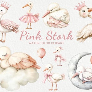 Roze ooievaar kwekerij aquarel clipart - 24 PNG schattige ooievaar, decor vogels, babyshower, babyfeestje, DIY, kunst aan de muur, instant digitale download