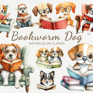 Hund Bücherwurm Aquarell Clipart - 24 PNG Hund Lesebuch, Buch-Liebhaber-Bilder, niedliches Dekor, Baby-Welpe Clip Art, sofortiger digitaler Download