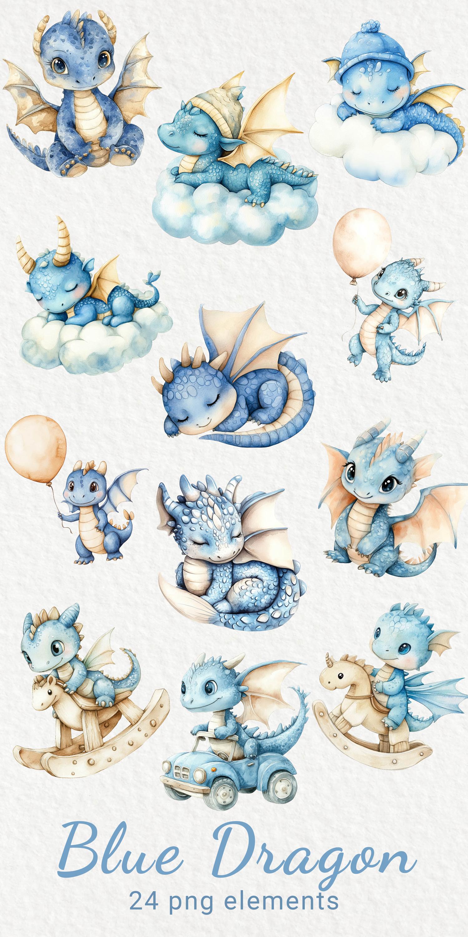 Blue Dragon Watercolor Clipart - 24 PNG Cute Fairy Сreature Decor ...