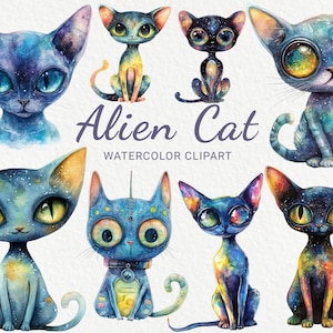Alien Cat clipart - 24 png aquarel grillige kat, fantastische kat clipart, ruimtekat graphics, galactische kat, instant digitale download