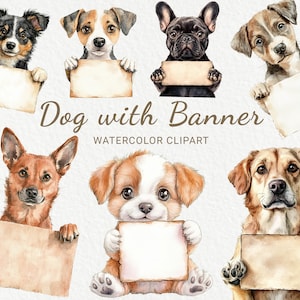 Hond met een leeg bord clipart - 24 png aquarel hond clipart, schrijf je gedachten, wensen of motiverende woorden! Directe digitale download
