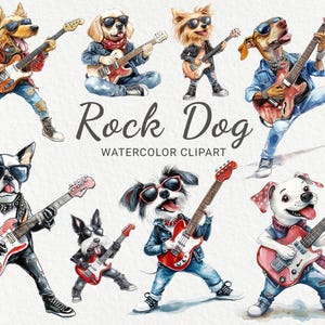 Rock Dog Clipart - 24 PNG Watercolor Music Puppy clipart, Dogs Musical Band illustration, Cool Animals Graphics, Instant Digital Download