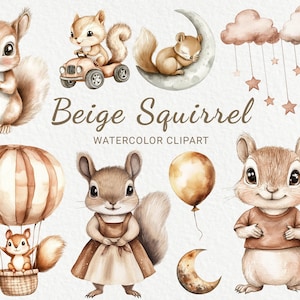Clipart aquarelle écureuil - 24 PNG pour chambre d'enfant, décoration d'animaux de la forêt en beige et marron, baby shower, imprimables fête de bébé, téléchargement numérique