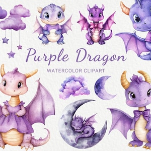 紫色のドラゴンの水彩画クリップアート - 24 PNG かわいい魔法の生き物、バイオレットの保育園、部屋の装飾、ライラックのベビーシャワー、ベビーパーティー、デジタルダウンロード