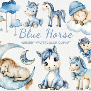 Blaues Pferd Aquarell Clipart - 24 PNG Niedliche Fee Tiere Dekor, Baby-Dusche, Baby-Party, Kinderzimmer kleines Pony, sofortiger digitaler Download