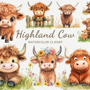 Highland Kuh Clipart - 24 PNG Aquarell Baby Highland Kuh Clip Art, Bauernhof Tiere, Babyparty, Kinderzimmer Dekor, sofortiger digitaler Download
