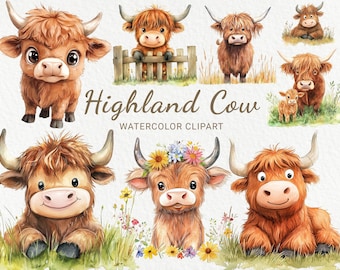 Highland Cow Clipart - 24 PNG Watercolor Baby Highland Cow clip art, Farm Animals, Baby Shower, Nursery decor, Instant Digital Download