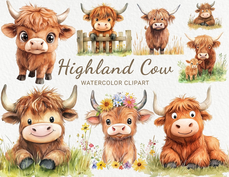 May include: Watercolor clipart featuring Highland cows in various poses. The cows are brown with long, shaggy hair and big, expressive eyes. Some cows are standing, while others are lying down or sitting. The clipart is perfect for adding a touch of whimsy to your designs.