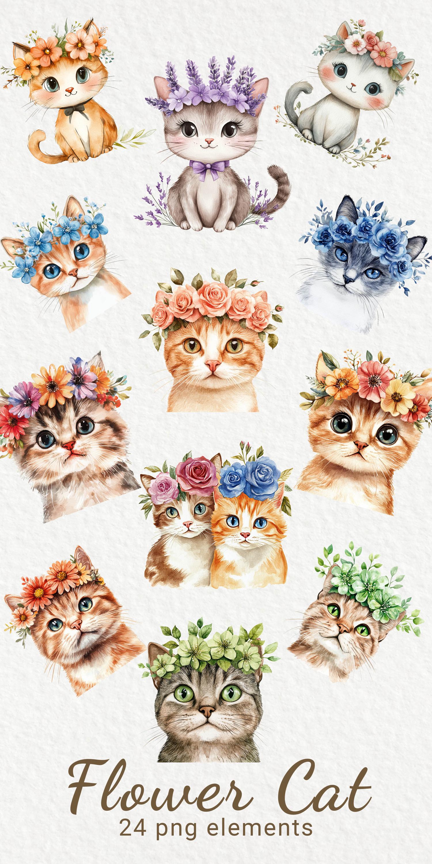 Flower Cat Clipart - 24 PNG Watercolor Floral Kitten Clipart ...