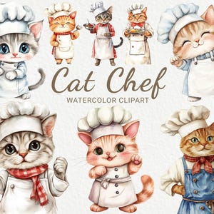 Cat Chef Clipart - 24 PNG Acquerello Gatti in cappello da cuoco clipart, Decorazione di animali carini, Clip art di cucina di gattini, Download digitale istantaneo