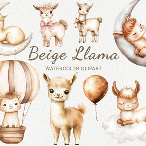 Lama Kinderzimmer Aquarell Clipart - 24 PNG Süße Tiere in Beige & Braun, Babyparty, Babyparty, Baby Lama, sofortiger digitaler Download