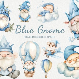 Blau Gnom Aquarell Clipart - 24 PNG Kinderzimmer süße & lustige kleine Kreatur Bilder, Baby-Dusche-Dekor, Baby-Party, sofortiger digitaler Download