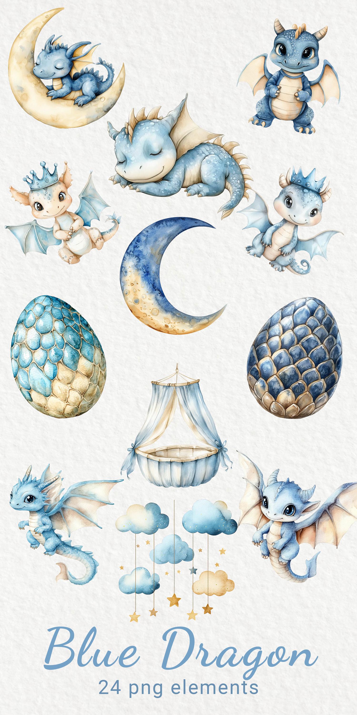 Blue Dragon Watercolor Clipart - 24 PNG Cute Fairy Сreature Decor ...
