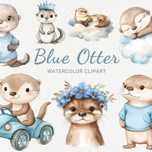 Clipart aquarelle de chambre de bébé loutre bleue - 24 PNG mignon loutre, décoration animaux de la forêt, baby shower, fête de bébé, téléchargement immédiat