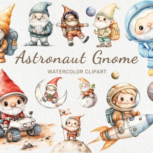 Astronaut Gnom Clipart - 24 PNG Aquarell Spaceman Zwerg, Sublimationsgrafiken, Kinderzimmerdekor, Baby Shower Party, digitaler Download
