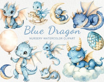 Blue Dragon Watercolor Clipart - 24 PNG Cute Fairy Сreature Decor, Nursery, Baby Shower, Baby Party, Little Draco, Instant Digital Download
