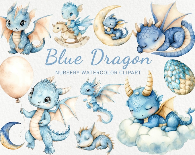 Blue Dragon Watercolor Clipart - 24 PNG Cute Fairy Сreature Decor ...