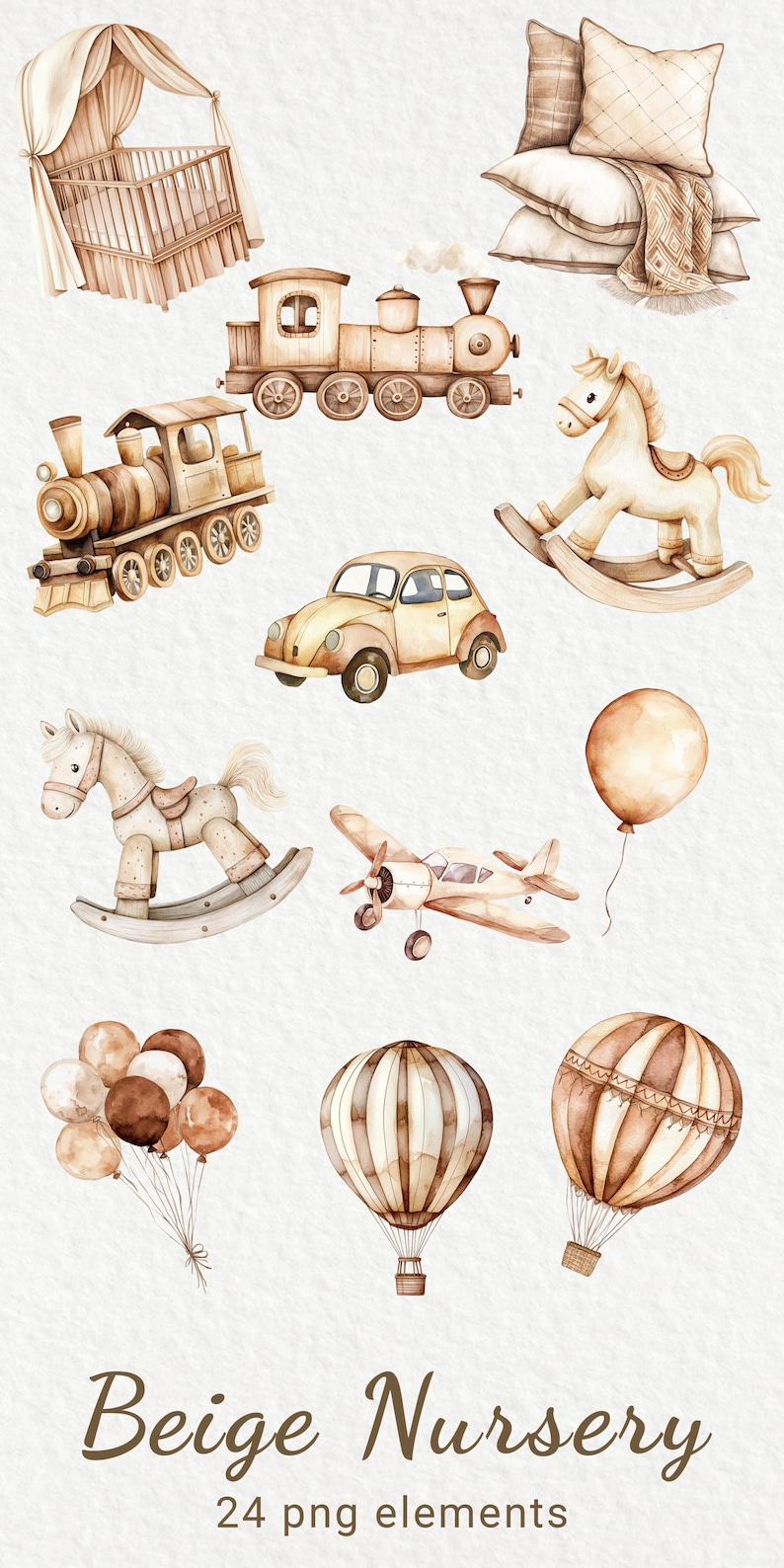 Neutral Nursery Watercolor Clipart - 24 PNG Room Decor in Beige & Brown ...